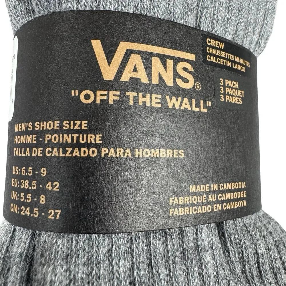 Vans Mens Size 6.5-9 Crew Socks 3-Pack Classic Casual Athletic Gray Grey New